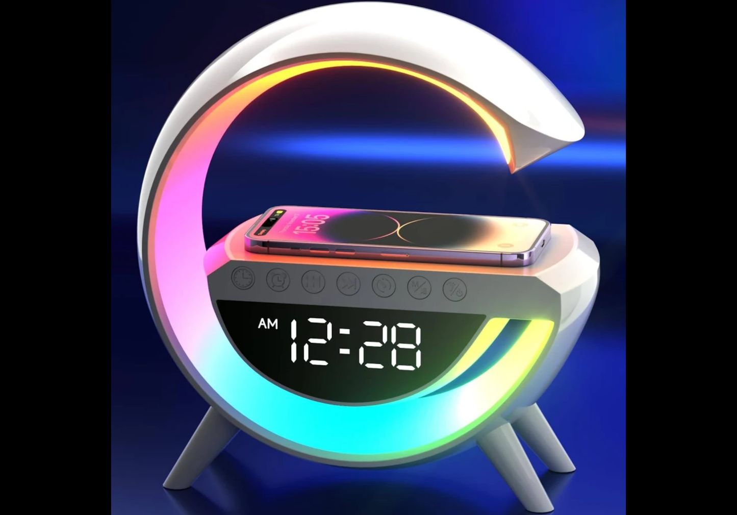 Atmosphere Lamp with 15W Wireless Charger Led Alarm Clock Dimmable Ambient Light Smart Table Lamp with Bluetooth Speaker Dazzling Running Lights 13 Modes Lights for Adults Kids Office Bedroom (White) [Energy Class A]