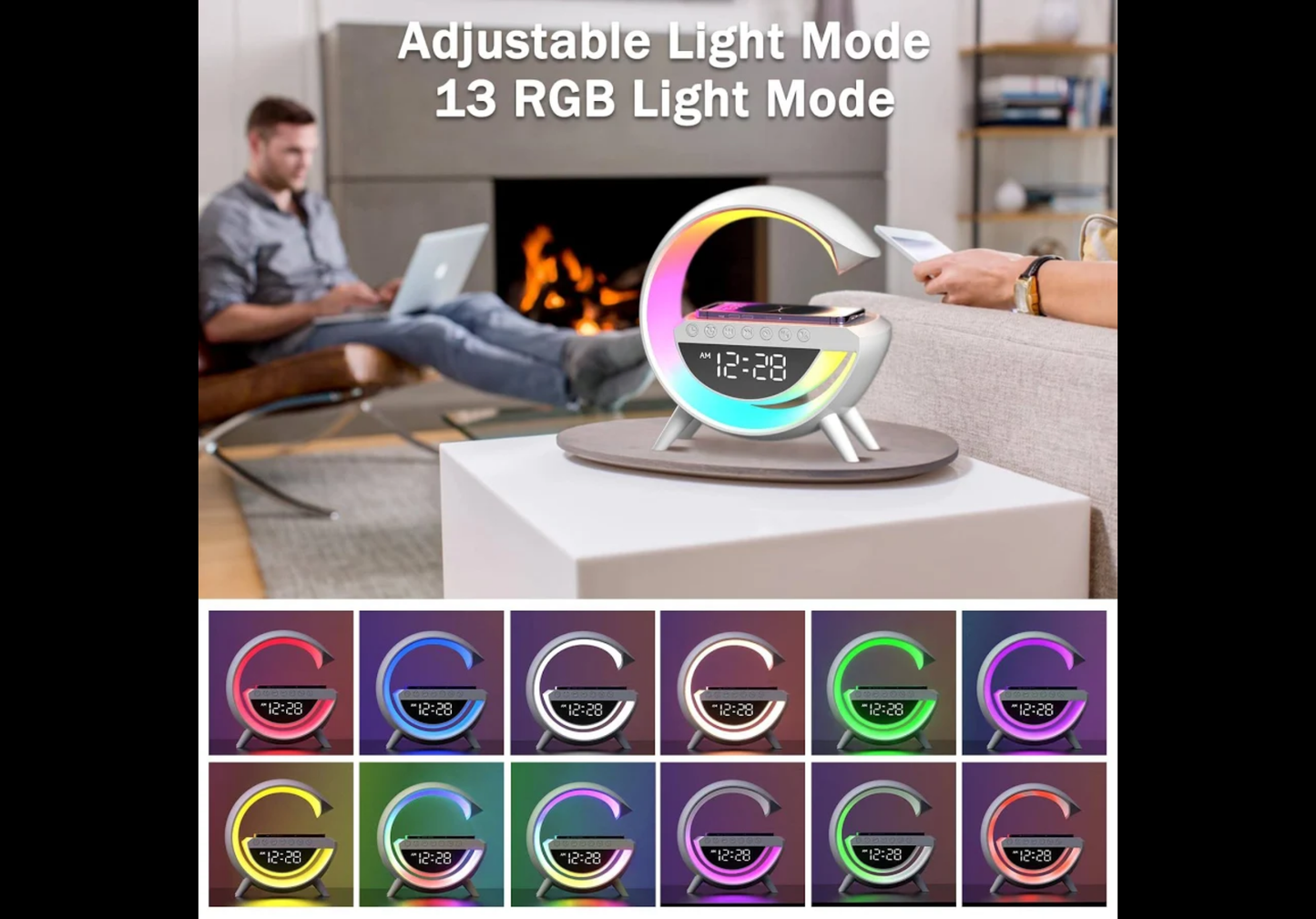 Atmosphere Lamp with 15W Wireless Charger Led Alarm Clock Dimmable Ambient Light Smart Table Lamp with Bluetooth Speaker Dazzling Running Lights 13 Modes Lights for Adults Kids Office Bedroom (White) [Energy Class A]