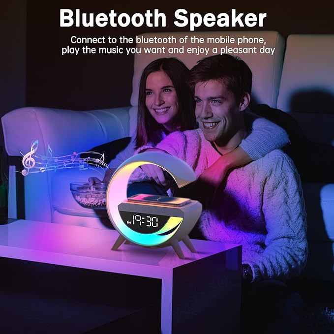 Atmosphere Lamp with 15W Wireless Charger Led Alarm Clock Dimmable Ambient Light Smart Table Lamp with Bluetooth Speaker Dazzling Running Lights 13 Modes Lights for Adults Kids Office Bedroom (White) [Energy Class A]
