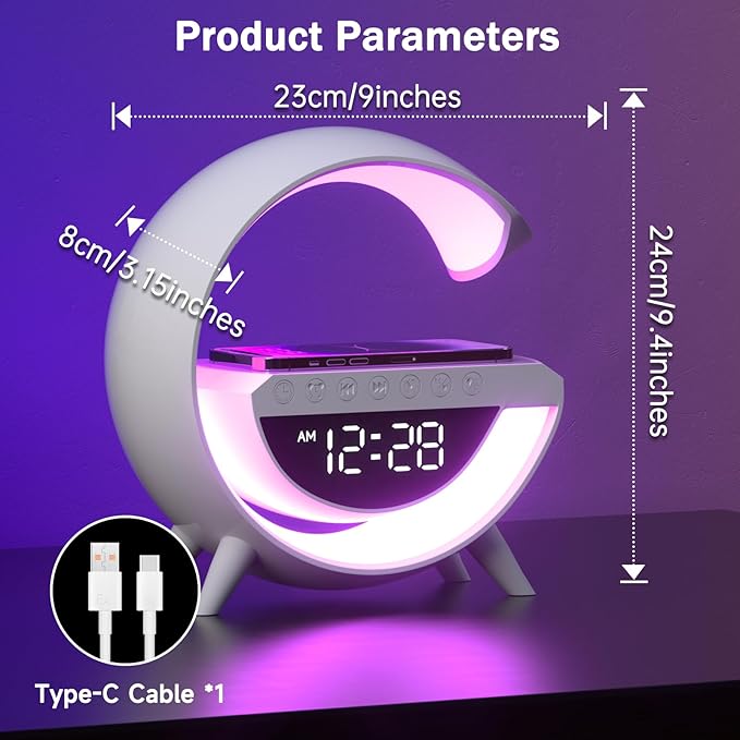 Atmosphere Lamp with 15W Wireless Charger Led Alarm Clock Dimmable Ambient Light Smart Table Lamp with Bluetooth Speaker Dazzling Running Lights 13 Modes Lights for Adults Kids Office Bedroom (White) [Energy Class A]