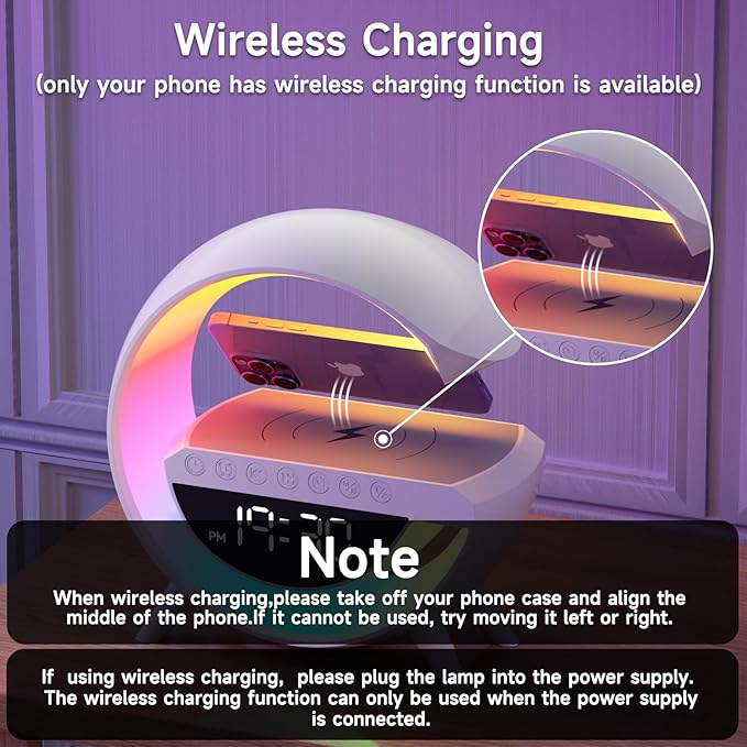 Atmosphere Lamp with 15W Wireless Charger Led Alarm Clock Dimmable Ambient Light Smart Table Lamp with Bluetooth Speaker Dazzling Running Lights 13 Modes Lights for Adults Kids Office Bedroom (White) [Energy Class A]