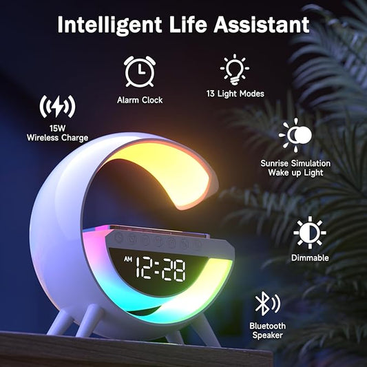 Atmosphere Lamp with 15W Wireless Charger Led Alarm Clock Dimmable Ambient Light Smart Table Lamp with Bluetooth Speaker Dazzling Running Lights 13 Modes Lights for Adults Kids Office Bedroom (White) [Energy Class A]