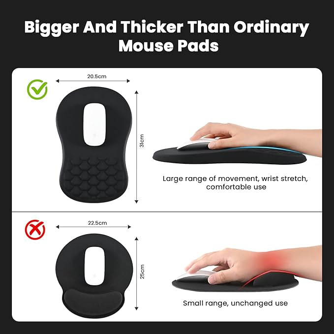 EooCoo Mouse Mat Wrist Support with Massage Design, Gaming Mouse Pad, Ergonomic Wrist Rest Pain Relief Mousepad with Smooth Lycra Surface & Non-Slip PU Base, Home Office PC Desk Accessories, Black