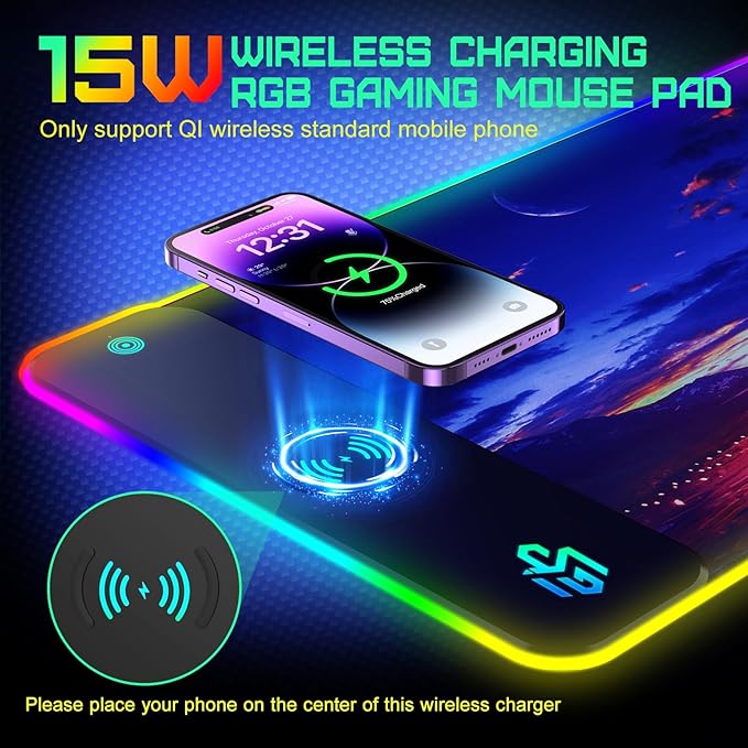 GIM Wireless Charging RGB Gaming Mouse Pad 15W, LED Mouse Mat 800x300x4MM, 10 Light Modes Extra Large Mousepad Non-Slip Rubber Base Computer Keyboard Mat for Gaming (Purple)