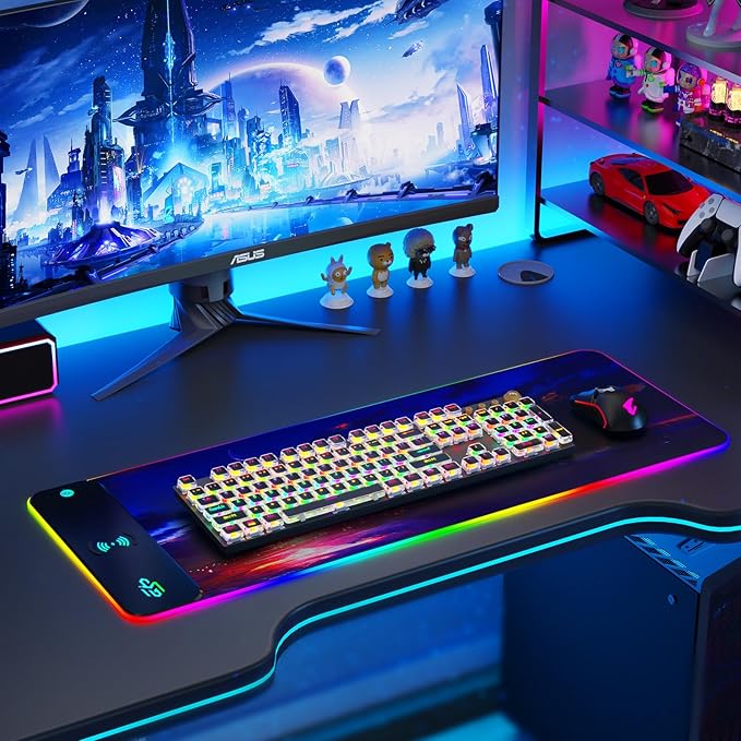 GIM Wireless Charging RGB Gaming Mouse Pad 15W, LED Mouse Mat 800x300x4MM, 10 Light Modes Extra Large Mousepad Non-Slip Rubber Base Computer Keyboard Mat for Gaming (Purple)