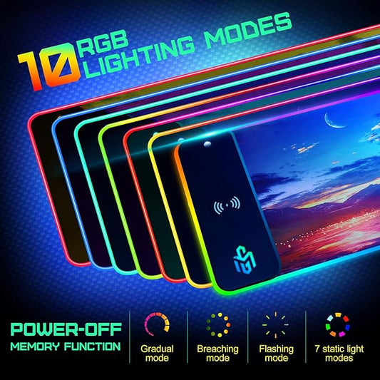 GIM Wireless Charging RGB Gaming Mouse Pad 15W, LED Mouse Mat 800x300x4MM, 10 Light Modes Extra Large Mousepad Non-Slip Rubber Base Computer Keyboard Mat for Gaming (Purple)