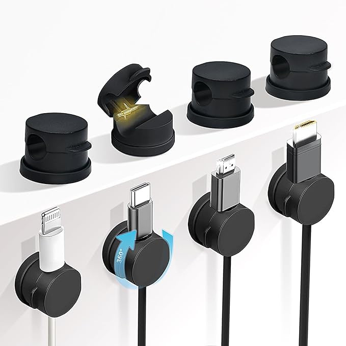 Abnii 360° Rotatable Cable Clips Holder, 8 Pack Spring Cord Organiser, Desk Wire Tidy Management, Adhesive Phone Charging Cord Holder for Nightstand, Car, Wall, Office, Kitchen, Black