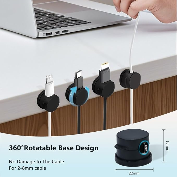 Abnii 360° Rotatable Cable Clips Holder, 8 Pack Spring Cord Organiser, Desk Wire Tidy Management, Adhesive Phone Charging Cord Holder for Nightstand, Car, Wall, Office, Kitchen, Black