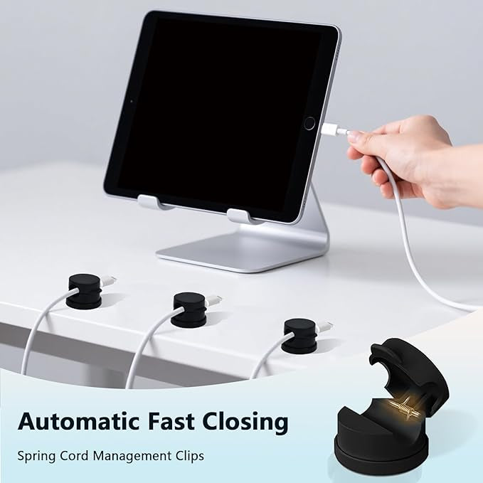 Abnii 360° Rotatable Cable Clips Holder, 8 Pack Spring Cord Organiser, Desk Wire Tidy Management, Adhesive Phone Charging Cord Holder for Nightstand, Car, Wall, Office, Kitchen, Black